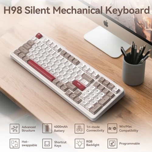 Image of AUSDOM H98 Wireless Bluetooth Mechanical Keyboard, BT5.3 /Type-C /2.4G Tri-Mode Hot Swappable Custom Gaming Keyboards, Gasket, RGB, Numpad, Computer Keyboard for Mac /Win /Office, 98 Keys(Clicky Sound)