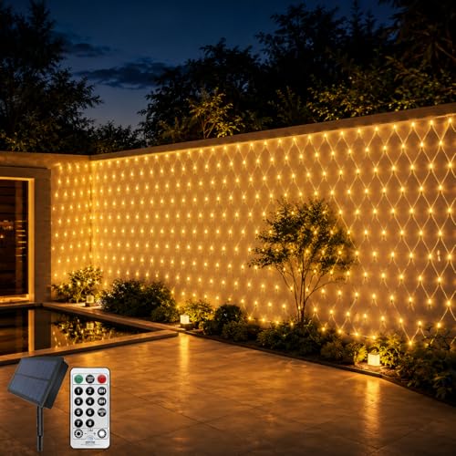 THKFUL 6X2M Lichternetz Außen Solar 320LED Lang Lichterketten Netz Solar Outdoor Lichtervorhang Lichternetz Innen Wasserdicht mit Fernbedienung Timer für Büsche Garten Hochzeit Zimmer(warmweiß)