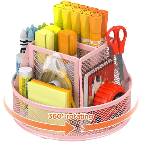 Docnest 360°Rotating Mesh Desk Organizer,6-Compartment Pen Holder,Pink