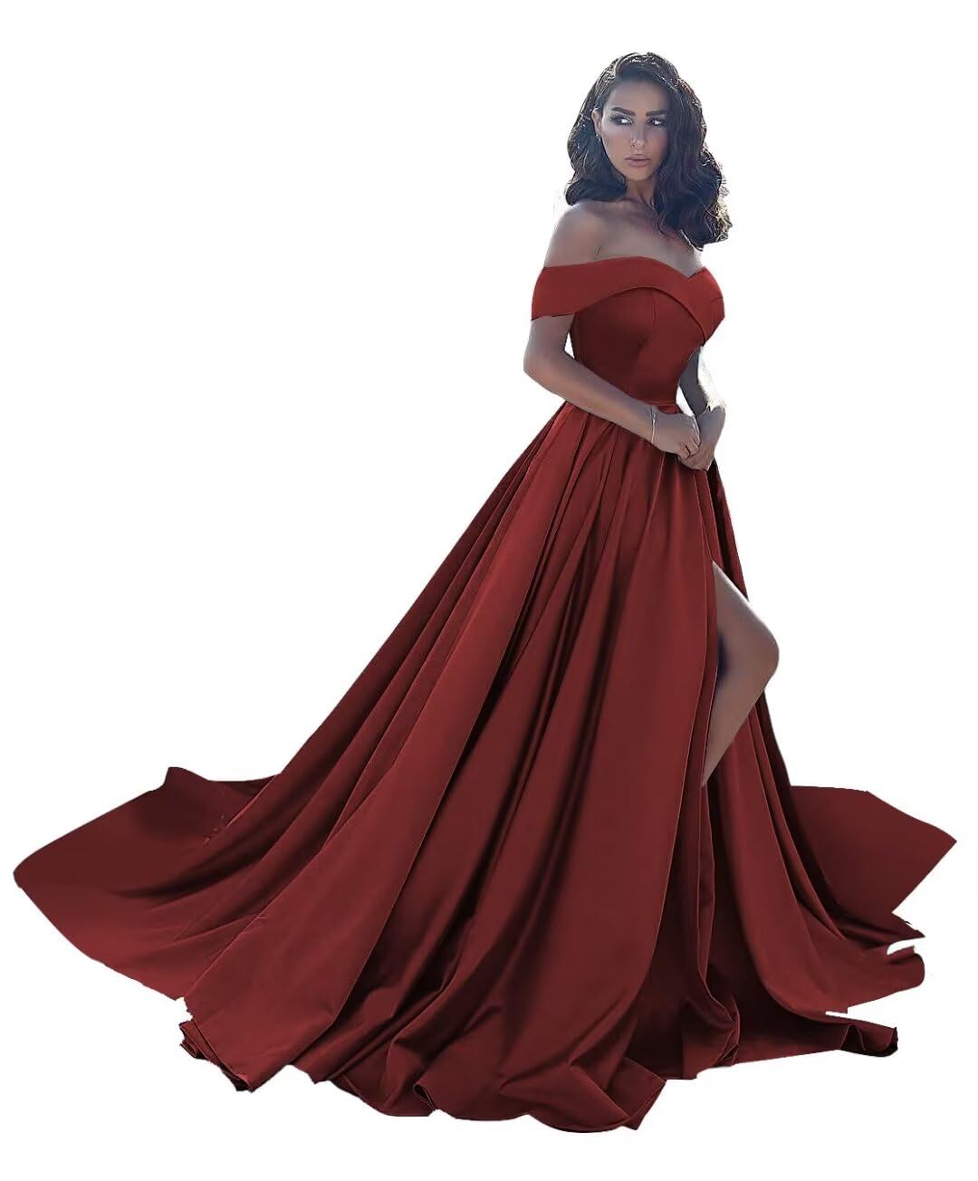 Off Shoulder Satin Prom Dresses Ball Gown Plus Size Formal Dresses for Women Wedding Dress with Slit