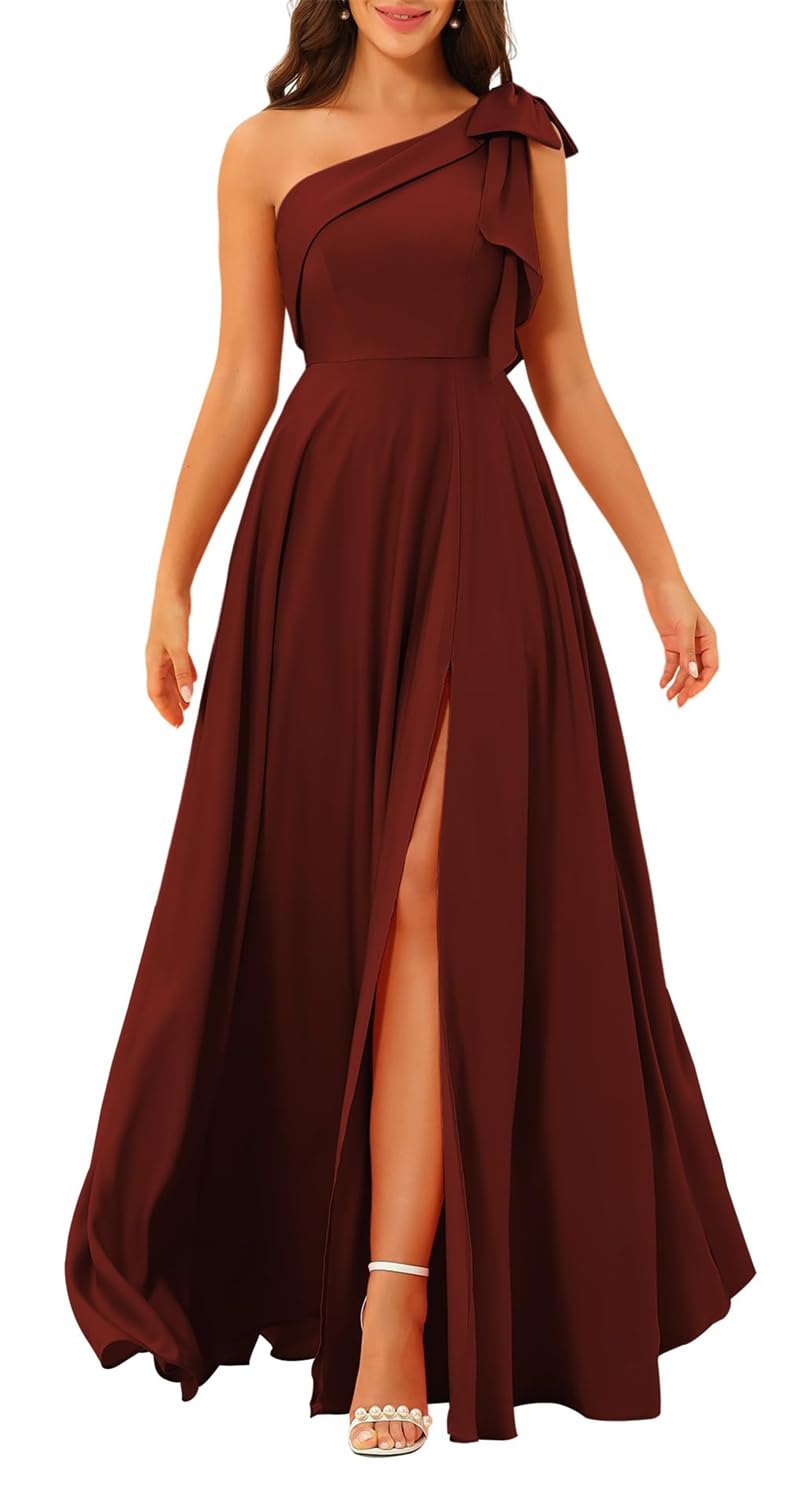 Hppee Women's Burgundy One Shoulder Bridesmaid Dresses For A Line Satin Prom Dress With Slit Corset Ball Gown Uk16