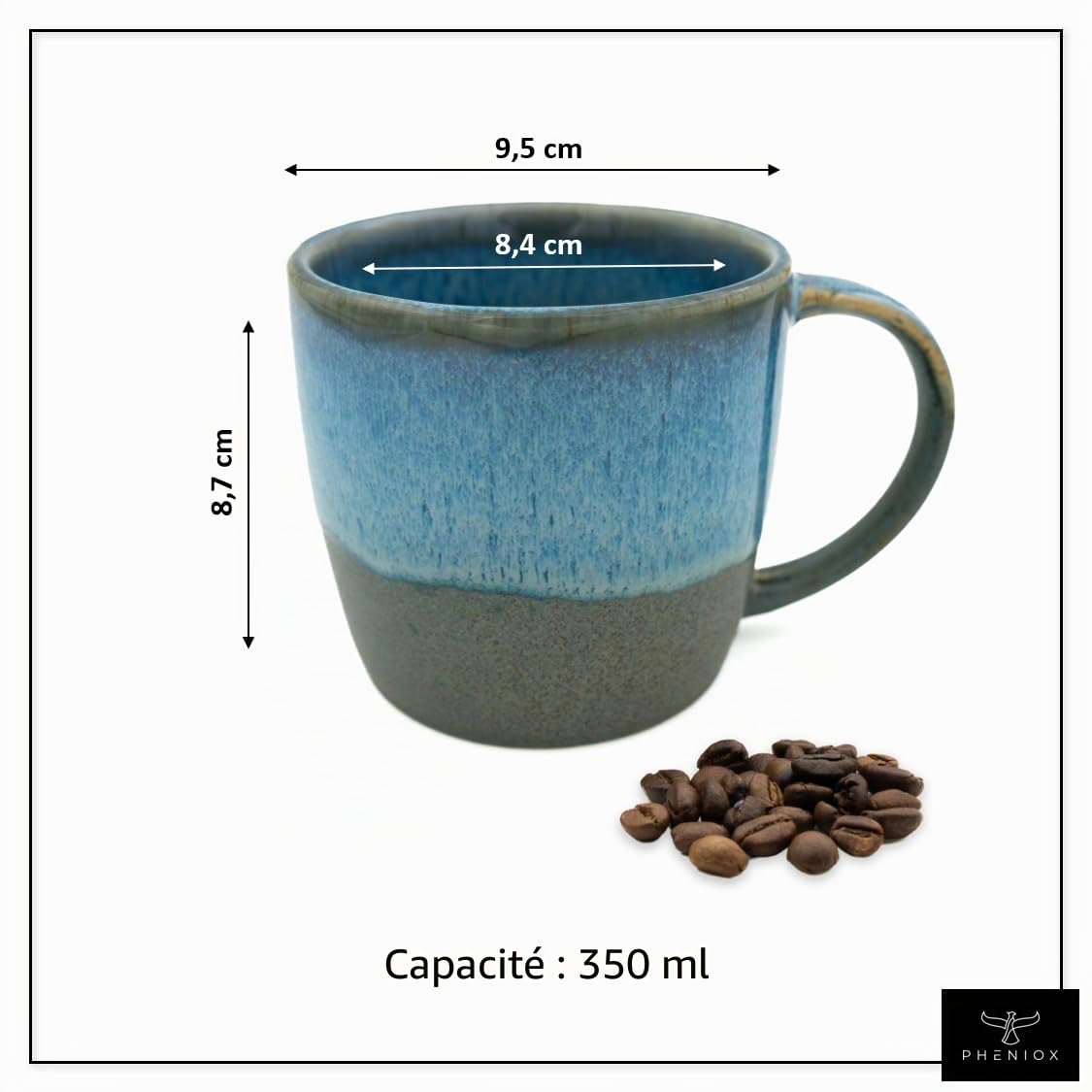 Pheniox Lot de 2 tasses à cappucino Ocean de 350 ml - En faïence de qualité supérieure - Sans anse - Passe au lave-vaisselle - Café - Cappuccino - Thé - Cadeau pour homme et femme