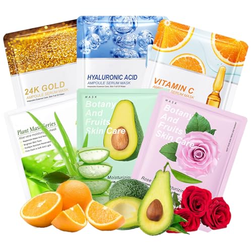 Fruit Extract Face Masks 6 Pack Sheet Mask Beauty Set Vitamin C Enriched Hydrating & Nourishing Face Mask Gift Skincare Revitalizes and Brightens Skin - Great for All Skin Types
