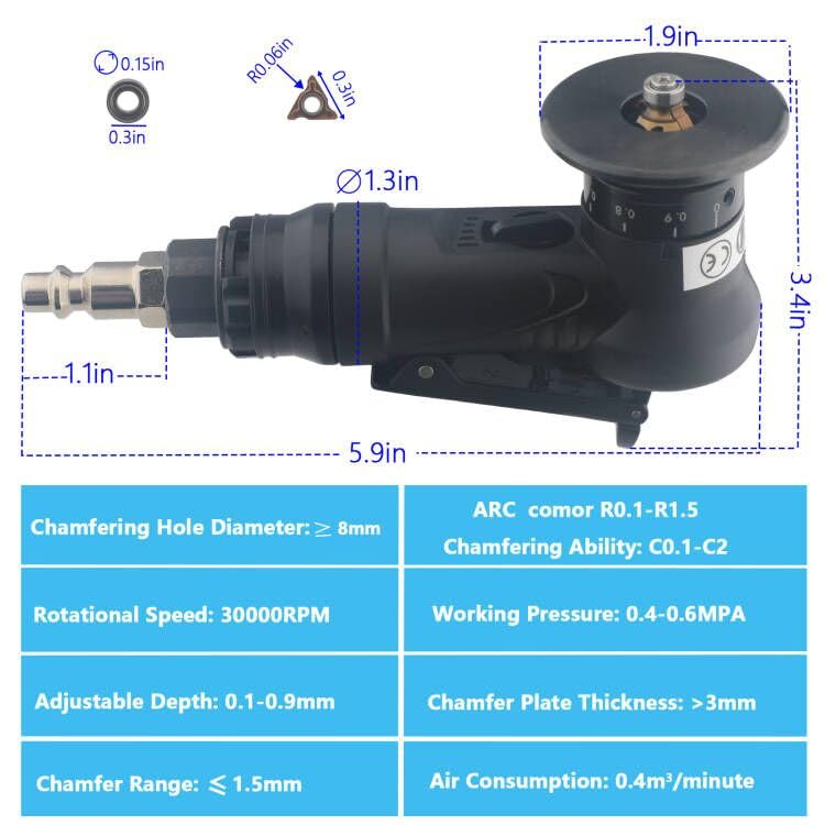 Image of Pneumatic Chamfering Tool - 45 Mini Air-Powered Chamfer Machine for Beveling & Deburring, Adjustable Depth & Speed, 1 /4 inch Air Inlet, R Angle Blades for Metal, Wood, Acrylic