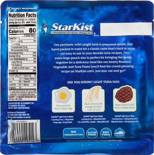 Image of StarKist Chunk Light Tuna in Water, 11 oz Pouch (6 Pack) Ready to Eat Wild Caught Tuna, 19g Protein Per Serving, 80 Calories Per Serving, Gluten Free, Soy Free, Kosher, Perfect for Meals and Snacks