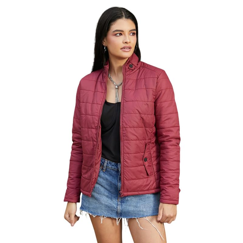 Image of Campus Sutra Women's Fleece-Lined Biker Jacket For Casual Wear | Spread Collar | Long Sleeve | Zipper Closure | Jacket Crafted With Comfort Fit For Everyday Wear