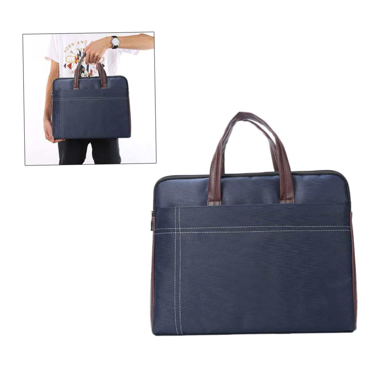 Borsa Porta Documenti Uomo in Tessuto Blu Chiusura a Zip, Tasca Anteriore e Scomparto Principale, per Riunioni e Viaggi di Lavoro