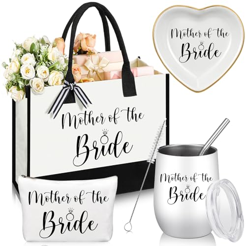 FoldTier 4 Pieces Mother of the Bride Bags Bridal Shower Gifts for Wedding Canvas Tote Bag for Mother of the Bride with Makeup Bag Tumbler Cup Mother Jewelry Tray Bridal Ring Holder for Wedding