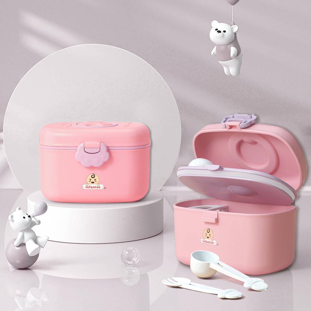 Infantso Feed Ease 2in1 Baby Milk Powder & Food Container | BPA-Free, Leak-Proof Bear Box, Travel-Friendly with Spoon & Fork, Baby Essential Food Storage Box, Baby Milk Powder Box, Cute Bear Snack Box-240 gms-image-11