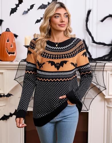Image of Women's Fair Isle Sweater Crew Neck Long Sleeve Heart Sweater Vintage Tops