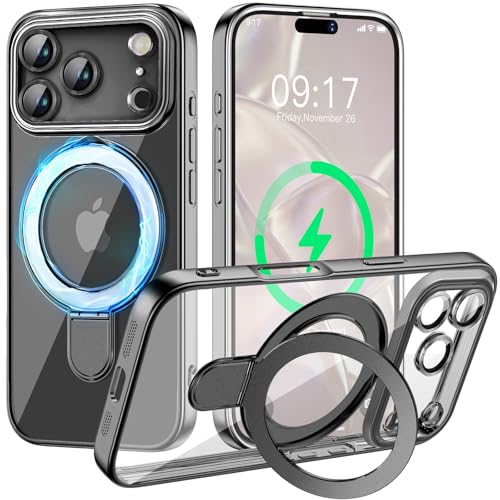 Image of Magnetic for iPhone 17 Pro Case with Invisible Stand[Compatible with MagSafe][Full Camera Lens Protector][Military Drop Protection] Shockproof Not Yellowing Clear Slim Soft for Women Men