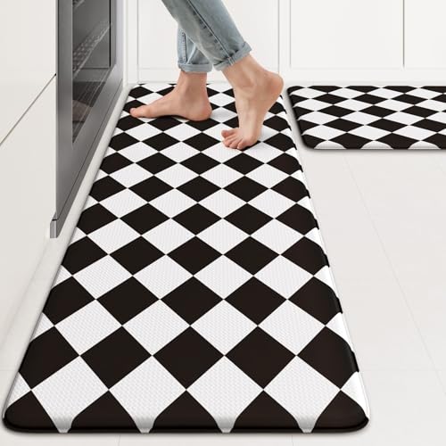 KIMODE Farmhouse Kitchen Rugs, Anti-Fatigue Kitchen Mats, Non-Slip, Cushioned Standing Mat, 17"x47"+17"x29", Black Diamond Check