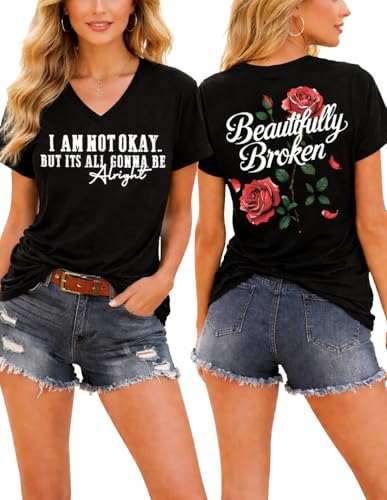 Floral Graphic Tees for Women Boho Style Short Sleeve Casual T-Shirts Vintage Country Music Flower V-Neck Tshirt