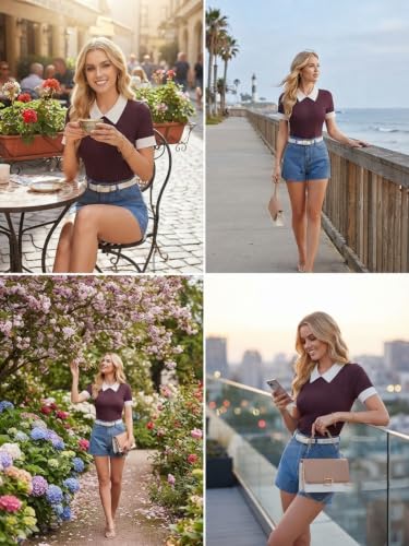 Image of Leriya Fashion Women's Ribbed Knit Polo Top - Short Sleeve Slim Fit Collared T-Shirt, Lightweight Breathable Summer Casual Blouse for Office, Daily, Vacation & Street Style