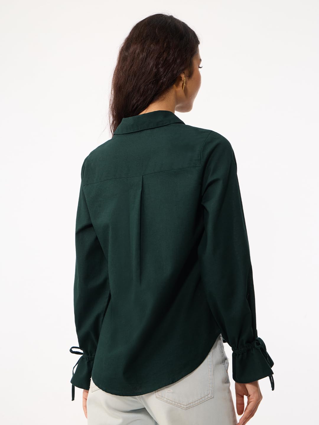 The Souled Store Myrtle - Camicia da donna e ragazza, a lunghezza intera, con colletto ampio, verde scuro, in cotone e lino, vestibilità regolare, traspirante, leggera, per tutte le stagioni, per