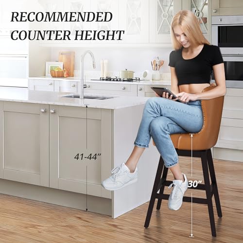 Image of Cozyman Counter Height Bar Stools, 30 inch H Swivel Bar Stool with Back, Faux Leather Counter Stool, Solid Wood Legs, Retro Upholstered Barstools for Kitchen Island, Home Bar, Pub, Yellowish-Brown