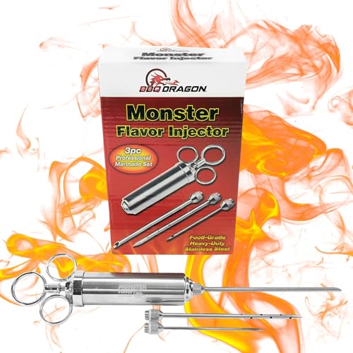 BBQ Dragon Meat Syringe Injector Kit - Stainless Steel Marinade Injector for Smoking Turkey & Brisket - Food Injector with 3 Needles for Liquid & Chunky Marinades - Flavor Injector for Meat & Poultry