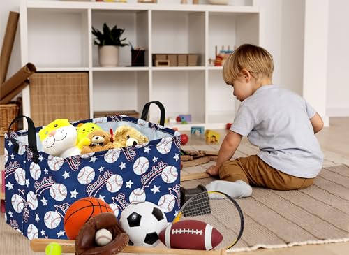Image of Blue Baseball Pattern Storage Basket Gift Laundry Bins Collapsible Storage Baskets Box Laundry Nursery Hamper for Home and Office Decoration with Handles