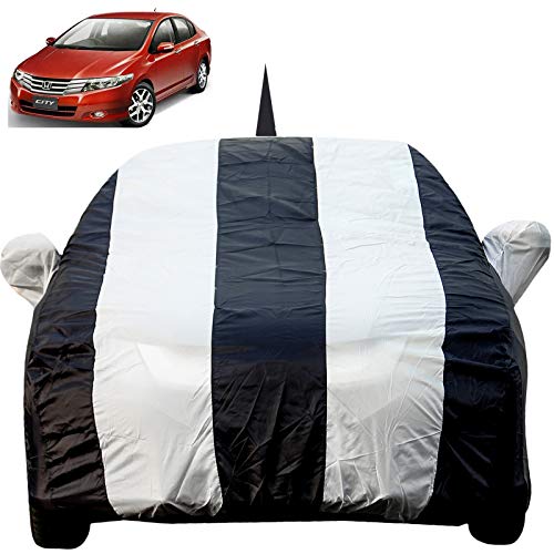 Image of Autofact Car Body Cover for Honda City Ivtech (2009 to 2013) with Mirror and Antenna Pocket (Light Weight, Triple Stitched, Heavy Buckle, Bottom Fully Elastic, White Stripes with Navy Blue Color)