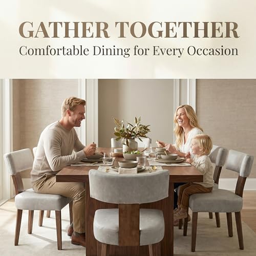 Image of HNY Mid Century Modern Dining Chairs Set of 4, Farmhouse PU Leather Upholstered Accent Chair Curved Backrest Kitchen Chairs, with Hardwood Frame, Grey