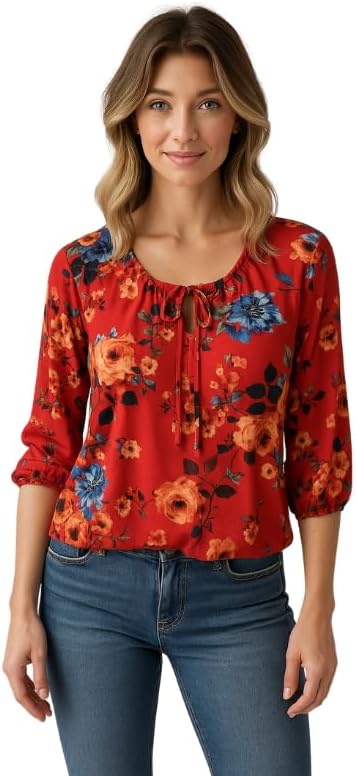Star Vixen Women's 3/4 Sleeve Peasant Elastic-Hem Keyhole-tie Top, Coral Floral, 2X