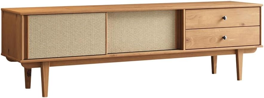 Front view of the IDIMEX Simona TV Room Rack with rattan sliding doors