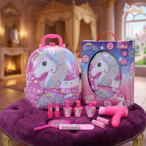 Image of Unicorn Backpack Dressing & Makeup Gift Set for Kids - 2-in-1 Portable Trolley Pretend Play Vanity Kit with Electronic Hair Dryer & 13 Accessories - Ideal Birthday Gift for Girls 3+ Years