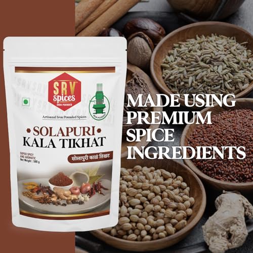 Image of SRV SPICES Solapuri Kala Tikhat Masala | Authentic Spicy & Smoky Indian Masala | Rich, Aromatic Flavor for Traditional Dishes | Iron Pounded for Intense Taste | Low Temperature Grinding (LTG) to Preserve Natural Oils | 500g Pack