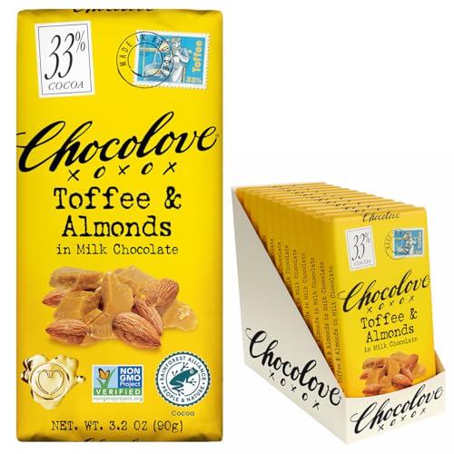 Chocolove Toffee & Almond Milk Chocolate Bars | 33% Cocoa | Made with Creamy Premium Chocolate | Sustainably Sourced, Non-GMO, & Gluten-Free, 3.2 oz Bar (12 Pack)