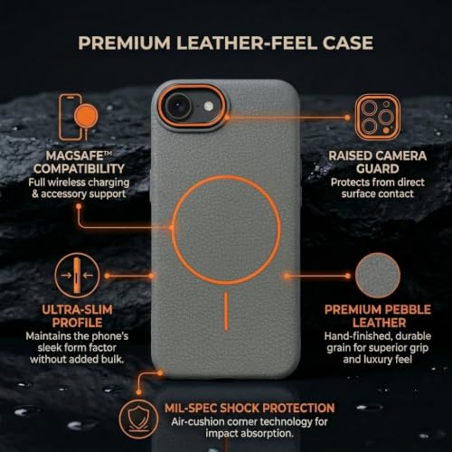 Image of amazon basics Luxury MagSafe Compatible Leather Texture Back Cover for iPhone 17E | Raised Camera Protection | Slim Fit Shockproof Case with Metallic Accents (Gray)