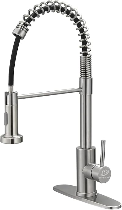 Commercial Kitchen Sink Faucet with Pull Down 2 Modes Sprayer, 360° Swivel High-Arc Spring Design, Brushed Nickel Stainless Steel Single Handle Taps for 1 or 3 Hole Installation