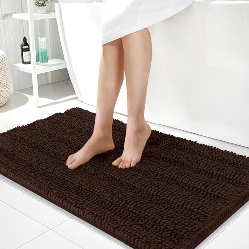 Image of OLANLY Thick Large Bathroom Rugs 40x24, Extra Soft Absorbent Chenille Striped Bath Rugs, Rubber Backing, Machine Wash Dry, Bath Mats for Bathroom Floor, Tub and Shower, Home Decor Accessories, Brown