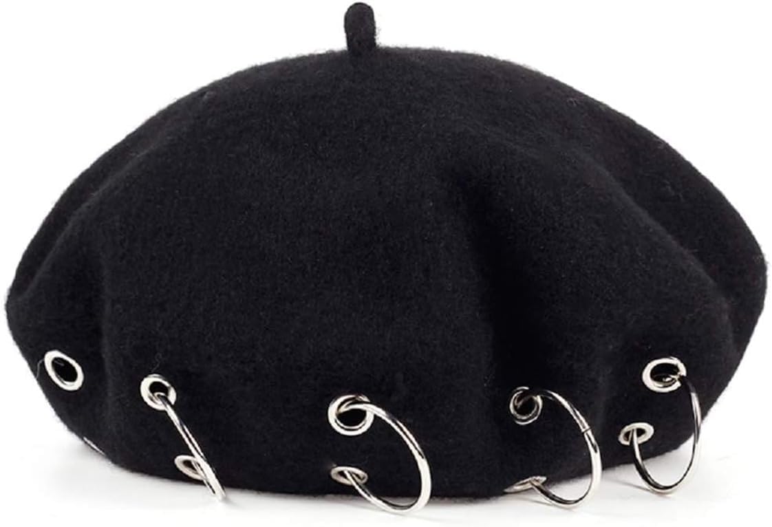 ACCESSORY Wool Black Beret Hat - Silver Ring Piercing Rock Beret (Black)