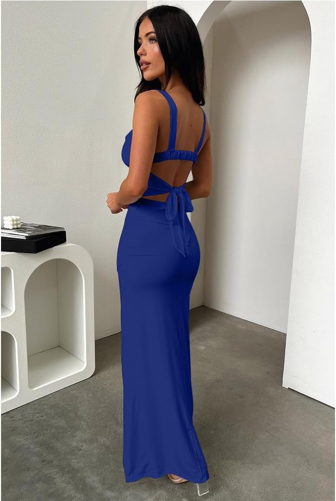 LAGSHIAN Women's Sexy Backless Square Neck Sleeveless Split Hem Tank Tops Evening Long Dresses