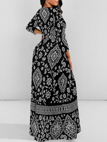 Image of Women Plus Size Long Sleeve V Neck Maxi Dress with Belt | Soft fabric relaxed fit three quarter sleeve v neck with pockets for party and daily wear
