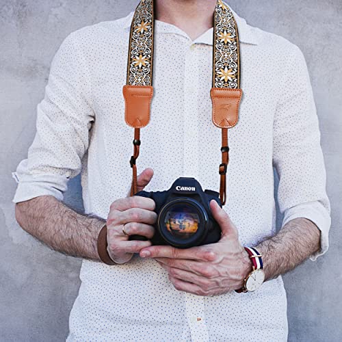 Gelbe Blume Kameragurt –Doppellagiges Echtem Leder Enden,2" Kameragurt aus Reine Baumwolle Bestickt Gewebt, Verstellbarer Universal Schulter oder Nackengurt für alle Kameras, Geschenk für Fotografen – Bild 6