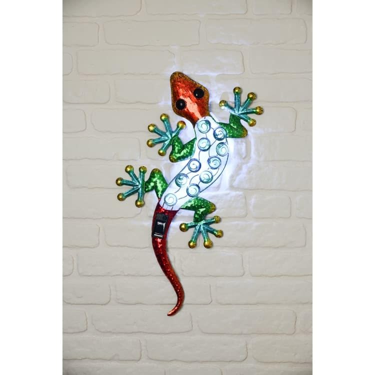 New Solar Powered Gecko Wall Art – Colorful Outdoor Decor with 10 Cool White LED Lights, Solar Garden Ornament for Wall or Fence, Ambient Glow for Yard, Patio, and Garden A-69
