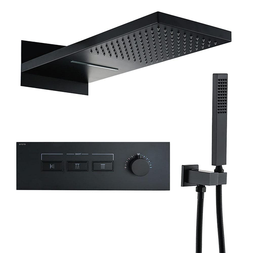 Sjdopulse Black Concealed Thermostatic Shower Set Shower Kit Waterfall Head Top Shower Rain Shower System Shower Mixer Tap