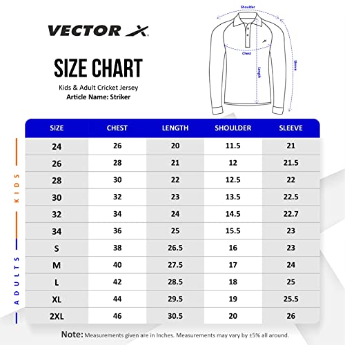 Image of Vector X Regular Fit 100% Polyester Fabric with Full Sleeve Polo Collar Neck Jersey /T-Shirt Cricket Uniform Dress Tshirt for Kids Boys White