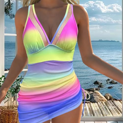 Women's Sexy One Piece Swim Dress Deep V Neck Tummy Control Sheer Swimsuits Sarong Wraps Bathing Suit Bikini3