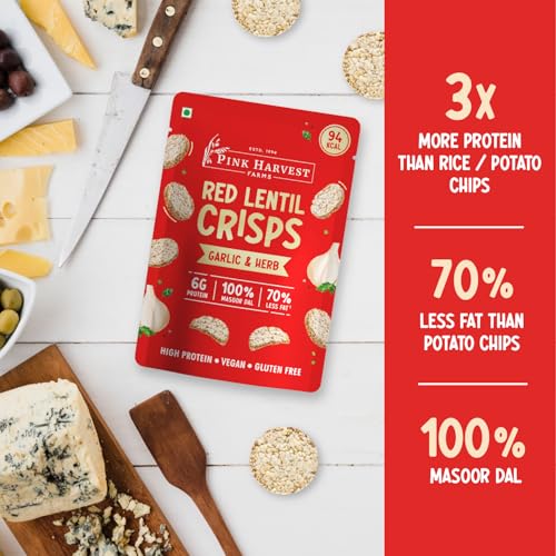 Image of Pink Harvest Farms Red Lentil Crisps - Garlic and Herb | Gluten-Free, High-Protein, Healthy Baked Chips | High Protein, Vegan Snack | No Rice, Potato, Corn, or Wheat (25g, Pack of 1)