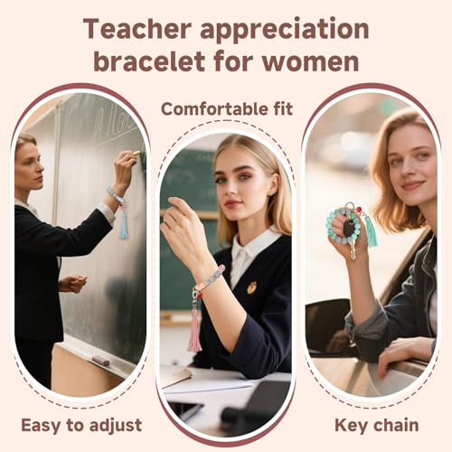 LYART 4Set Teacher Appreciation Bracelets Keychains Gifts in Bulk for Women, with Thank You Message Cards from Student, Silicone Teacher Bracelet Jewelry for Women3