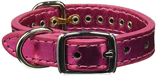 Image of Signature Leather Crystal Dog Collar, Metallic Pink Solid Grain Leather, Fits 6 inch-8 inch Neck Size, 10 inch Overall Length