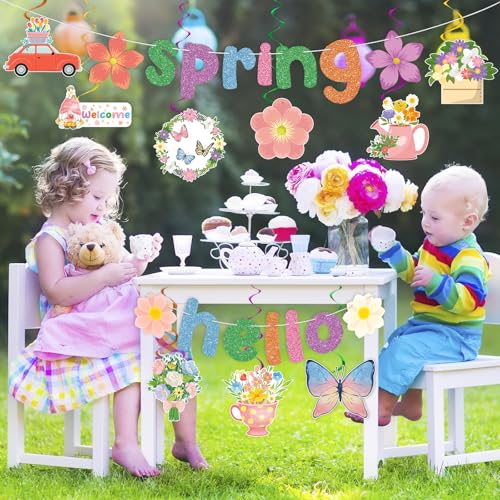 Image of Hooqict Spring Party Decorations Hello Spring Banner with 15Pcs Flower Butterfly Hanging Swirl Ceiling Streamers for Springtime Easter Birthday Party Decorations Home Office Classroom Garden Decor