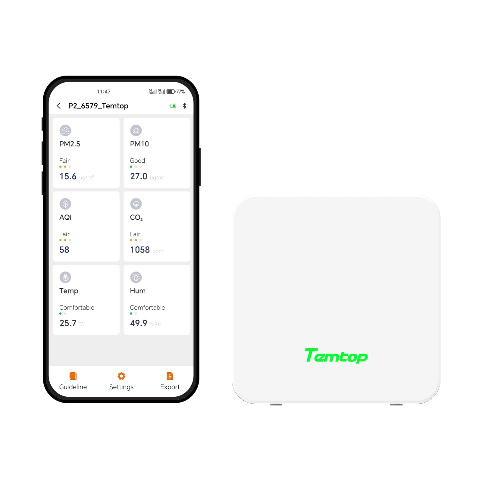 Temtop Moniteur de Qualité de l'air P2 - Mesure Précise des PM2,5 PM10 CO2 Température et Humidité pour Maison Bureau, Avec Affichage AQI et Application Bluetooth