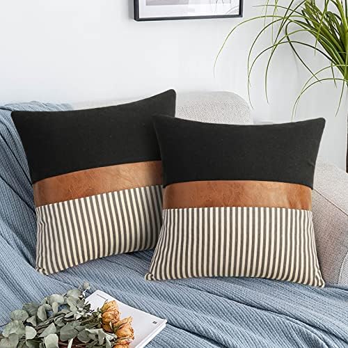 cygnus 26x26 Pillow Covers Set of 2 -Boho Rustic Farmhouse Decorative Throw Pillow Covers for Couch Sofa Bedroom Livingroom,Black Linen Patchwork Faux Leather Couch Covers,Grey