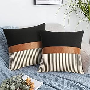 cygnus Set of 2 Farmhouse Decor Stripe Patchwork Black Linen Throw Pillow Covers,Modern Tan Faux Leather Accent Pillow Covers 18×18 inch,Grey Stripe