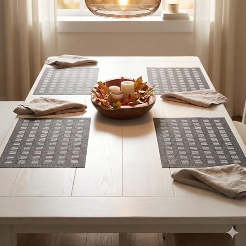 Image of YELONA Placemats for Dining Table - Heat Resistant, Non-Slip & Washable PVC Vinyl Table Mats - Set of 4, 45 x 30 cm (Brown & Beige)