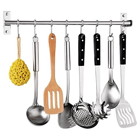 Kitchen Hanger Wall Mounted Pan Pot Rack Utensils Organizer with Stainless Steel 6/8 Hooks Can be Fixed Under The Wall and Under The Counter(50cm) Cover