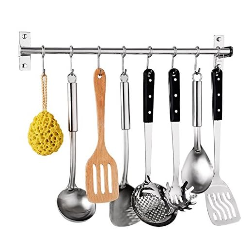 Percha de cocina, acero inoxidable, multiusos, organizador de utensilios de cocina, soporte de pared para sartenes, utensilios colgantes con 6 ganchos (40 cm, 6 ganchos) (40 cm, como se muestra)